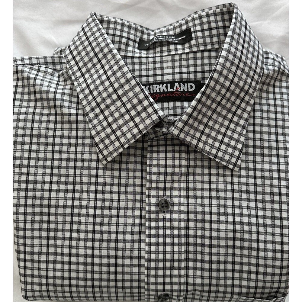Kirkland Signature Dress Shirt Men 17.5/35*Micro-Check Plaid LS Button No-Iron